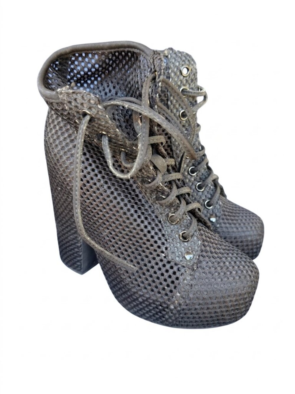 Jeffrey Campbell Lita Fishnet Platform Boots 7M Black Lace Up Goth Indie Sleaze